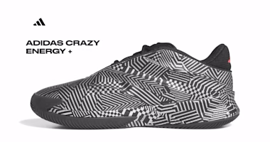 The adidas Crazy Energy+ features a futuristic geometric design with zigzag and checkerboard patterns in black and white. The shoe showcases innovative LIGHTSTRIKE Pro technology and is engineered for performance-focused basketball players.