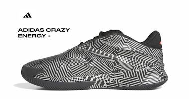 The adidas Crazy Energy+ features a futuristic geometric design with zigzag and checkerboard patterns in black and white. The shoe showcases innovative LIGHTSTRIKE Pro technology and is engineered for performance-focused basketball players.