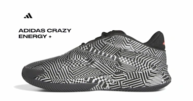 The adidas Crazy Energy+ features a futuristic geometric design with zigzag and checkerboard patterns in black and white. The shoe showcases innovative LIGHTSTRIKE Pro technology and is engineered for performance-focused basketball players.