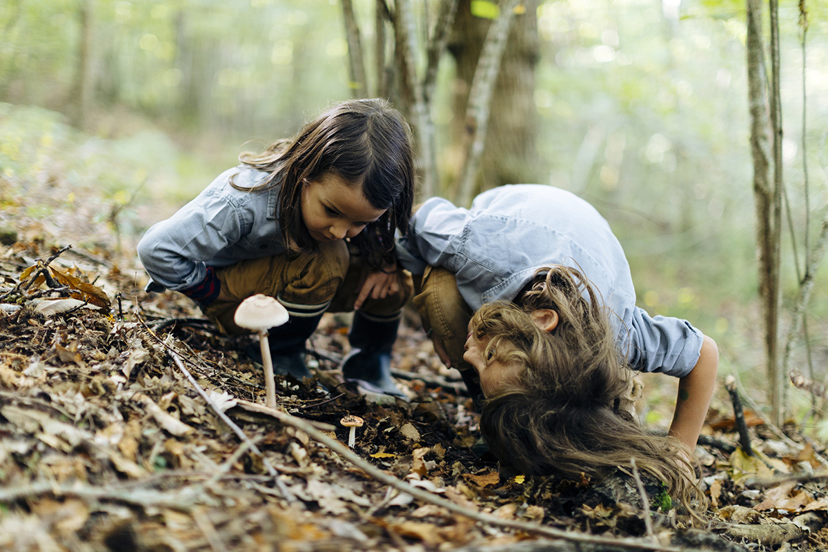 two-kids-examining-mushroom-in-the-forest