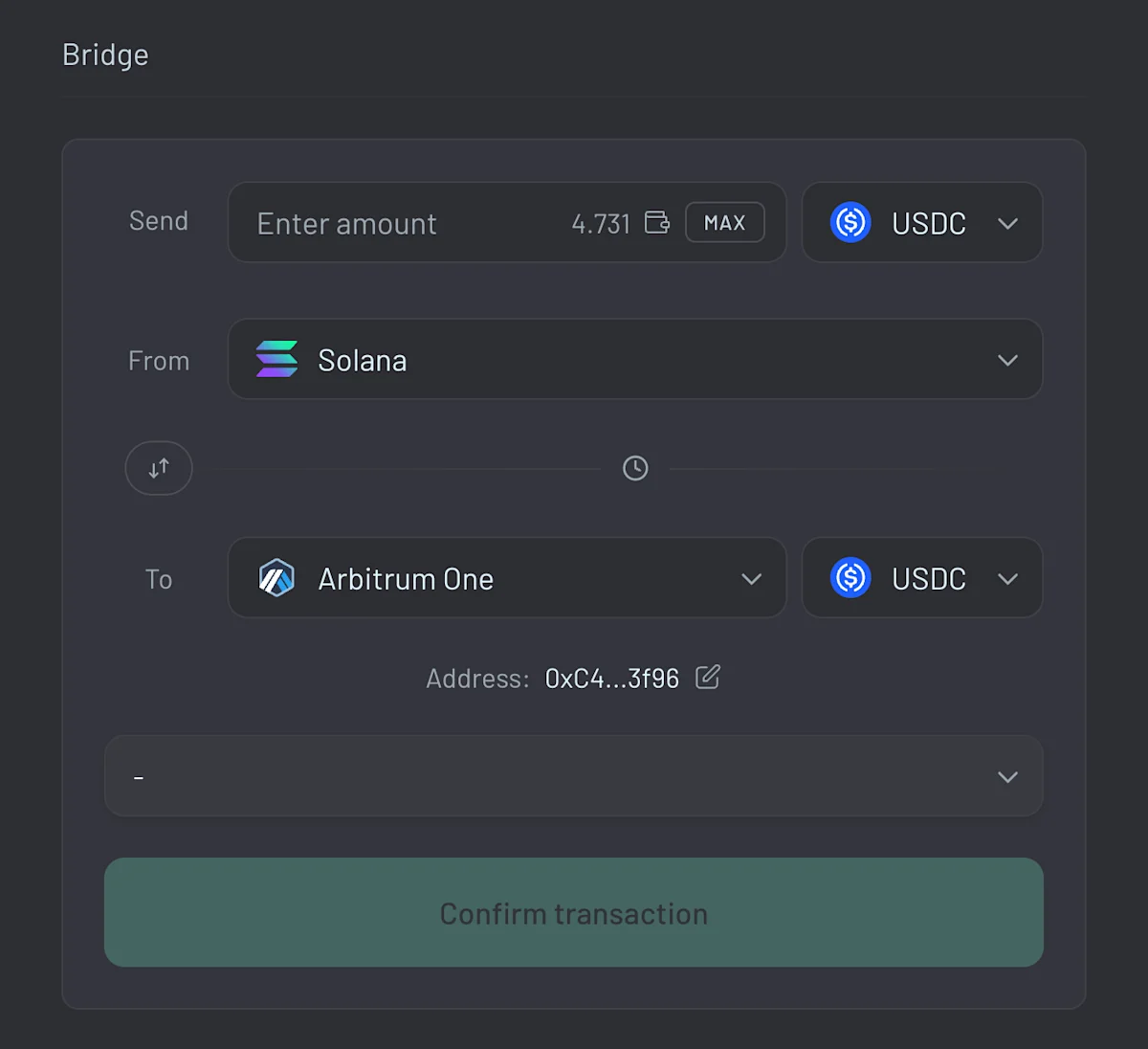 Select USDC or USDT and your origin chain.