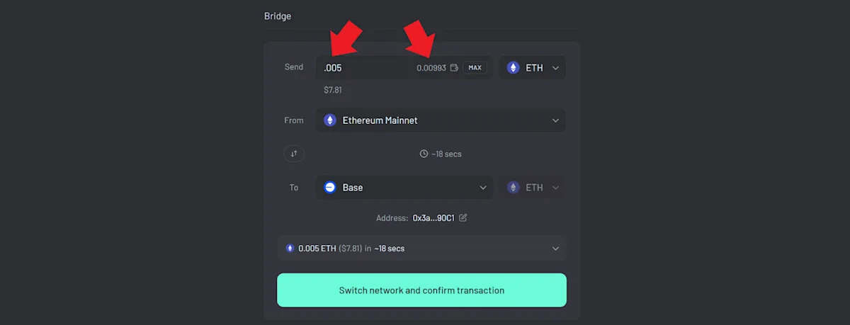 Enter the amount of your selected token that you want to bridge.
