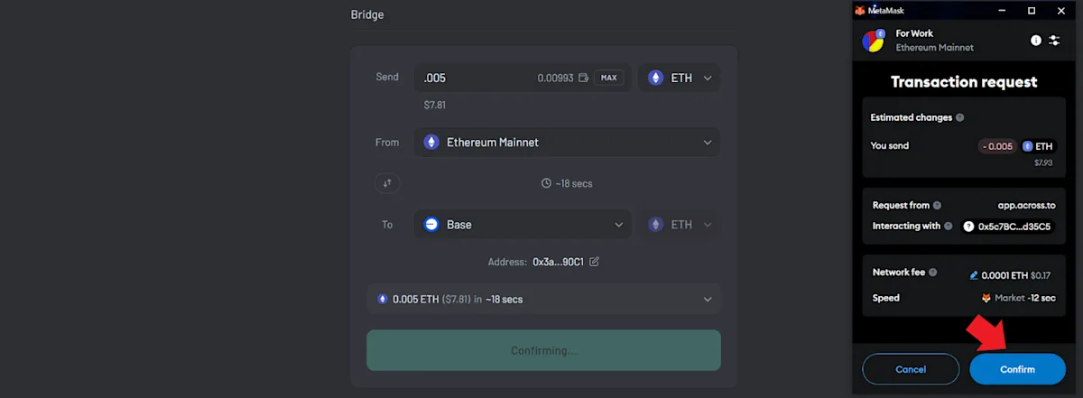 Approve and confirm the bridge transaction.