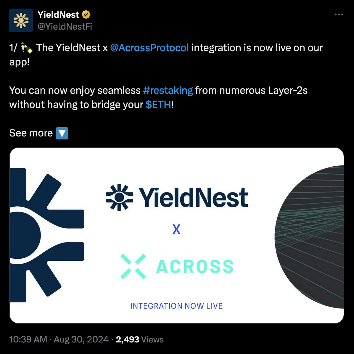 Across' integration with YieldNest is live.