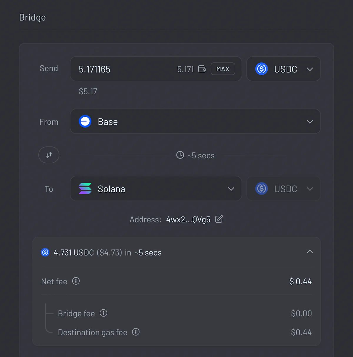 Review the estimated bridge time and fees.