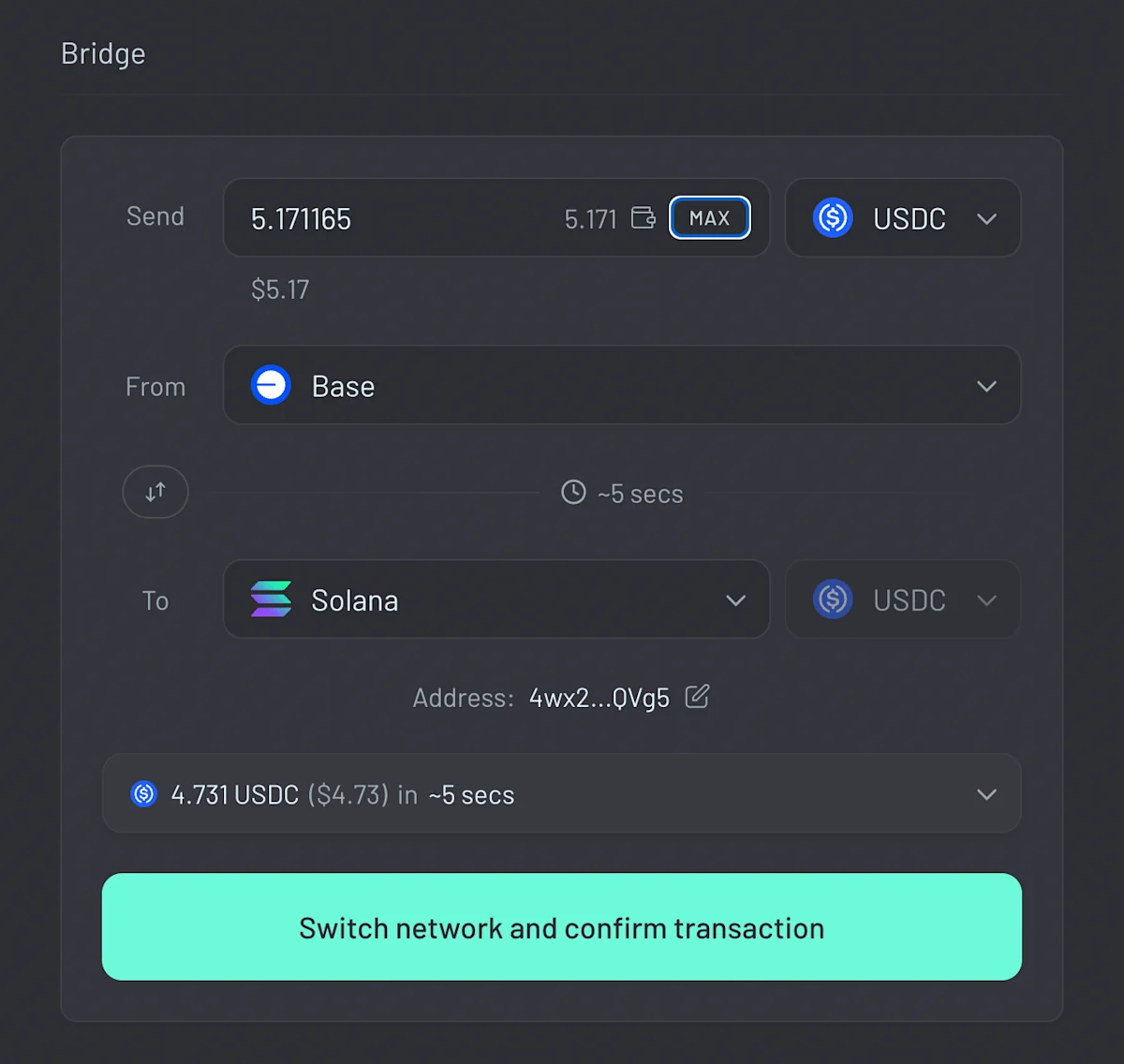 Enter the amount of USDC you want to bridge to Solana.