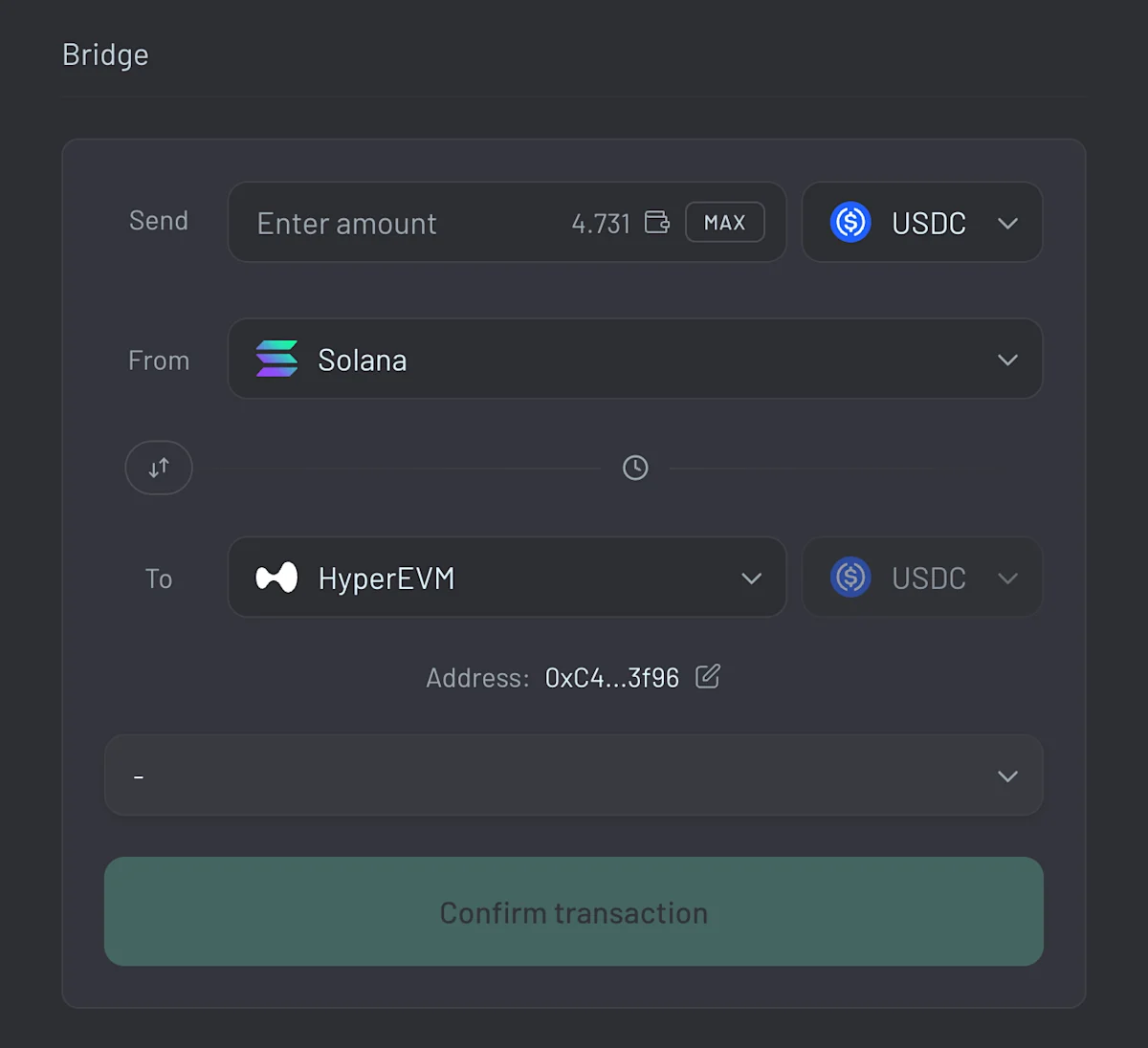 Choose HyperEVM as the destination chain.