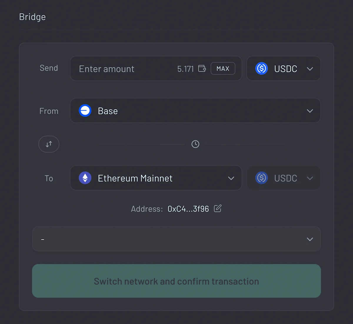 Select USDC as your token and choose your origin chain.