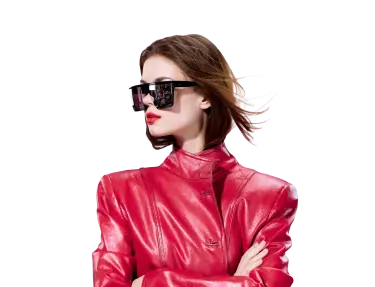 Fashionable woman in red jacket wearing sunglasses