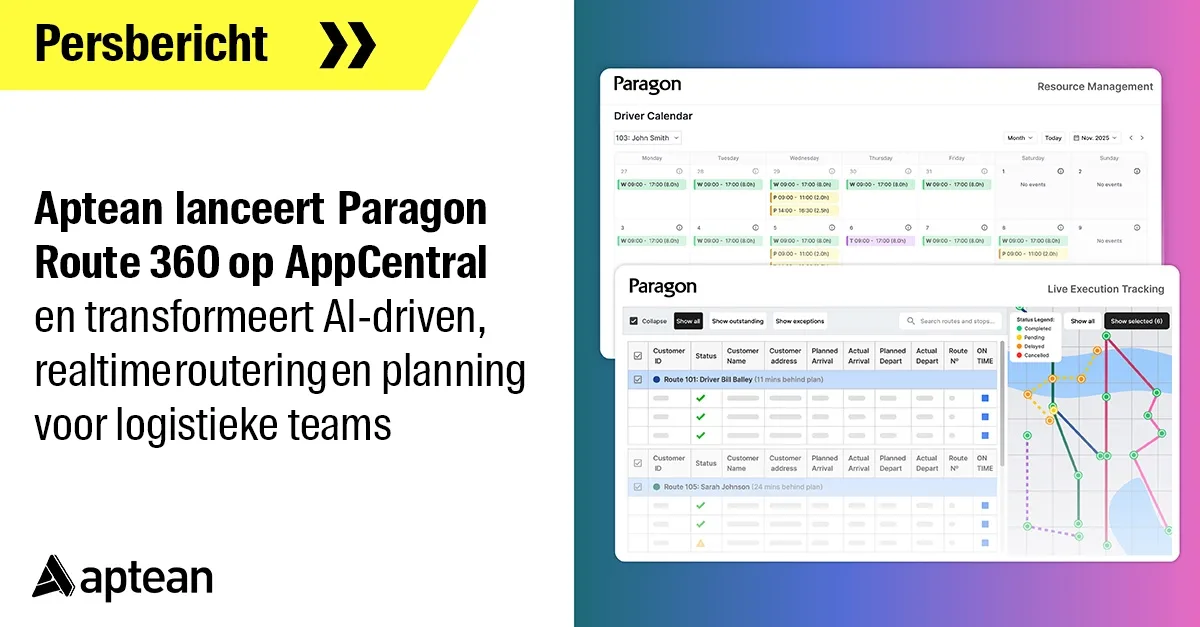 Aptean lanceert Paragon Route 360 op AppCentral en transformeert AI-driven, realtime routering en planning voor logistieke teams