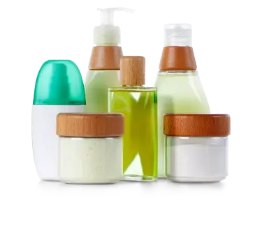 Six glass bottles containing lotion