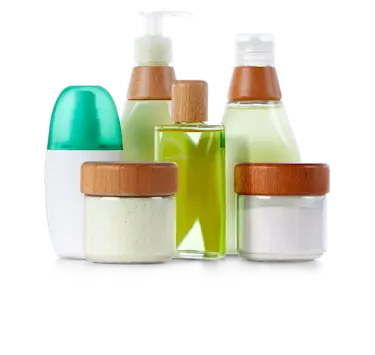 Six glass bottles containing lotion