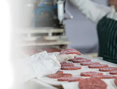 Burgers on conveyor belt being inspected