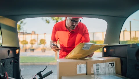 Courier looking at package in car.