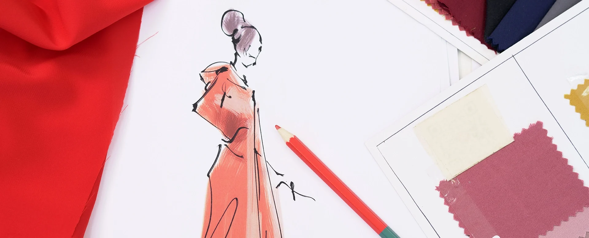 Fashion drawing designer creating new collections fabric samples