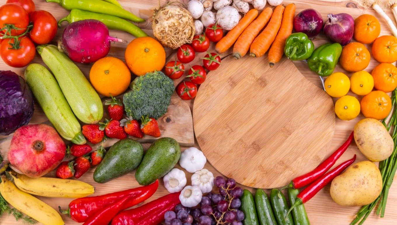 An array of colorful fruits and vegetables.