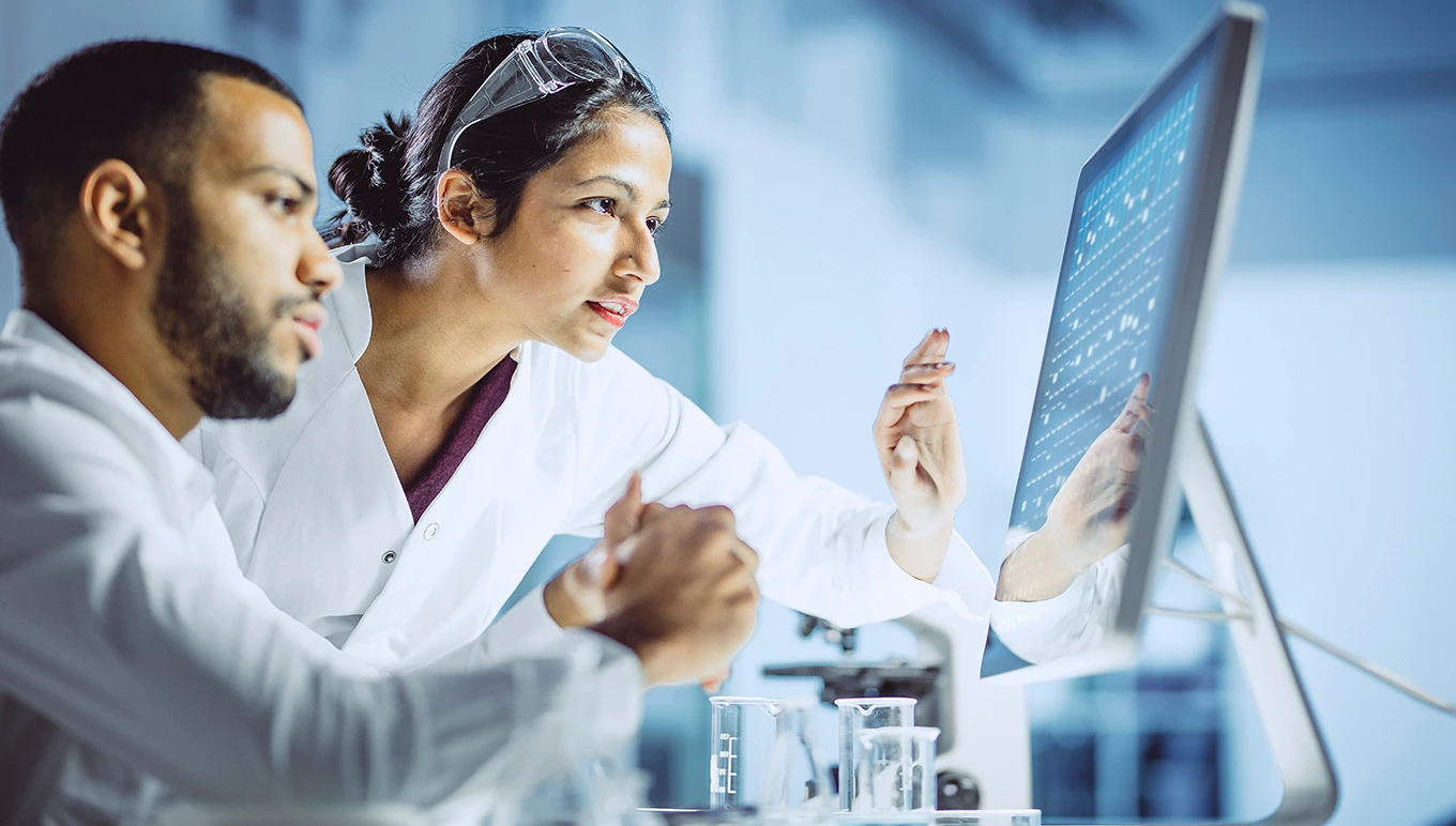 Researchers reviewing report data on monitor screen from lab