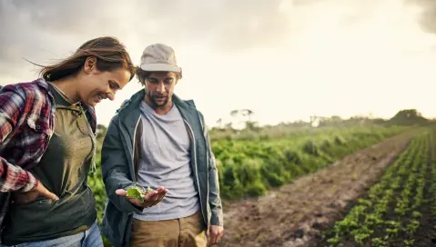 Two people are standing in a field looking at a radish.