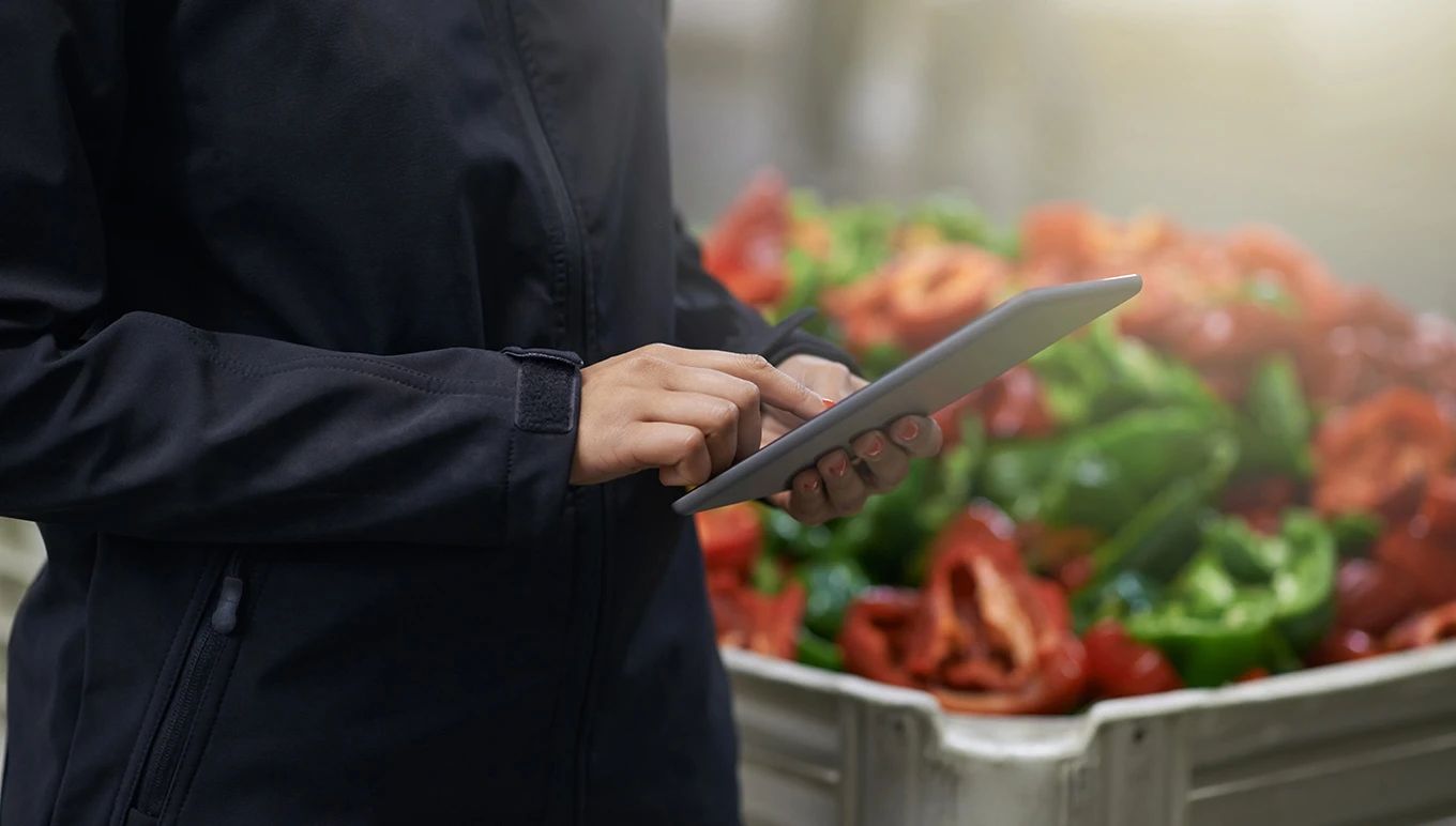 Food floor worker using tablet to take sliced pepper inventory