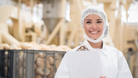 A food manufacturing professional smiles with confidence.