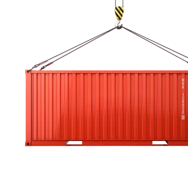 Red shipping container suspended in air