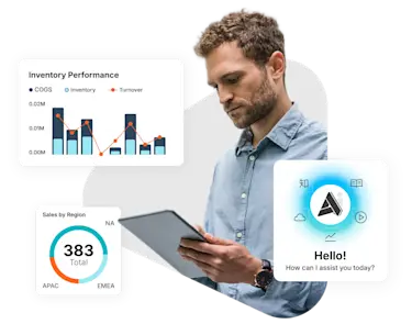Man looking at tablet with Charts and Data Sales