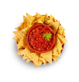 Bowl of salsa surrounded by tortilla chips.