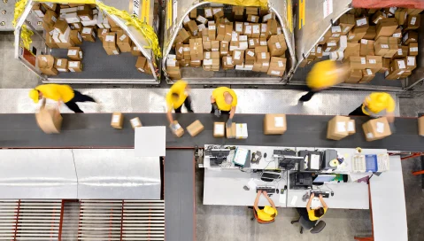 Packaged boxes on shipping assembly line