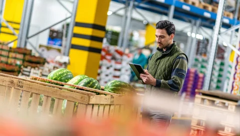 A fresh produce warehouse employee records information on a tablet.