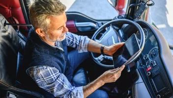 Truck driver with tablet device in hands