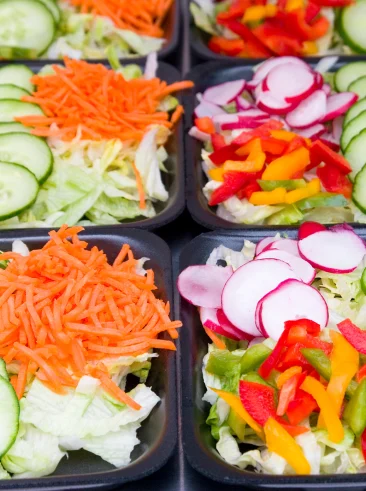 Lebensmittelzubereitung mit viel Gemüse in Behältern.