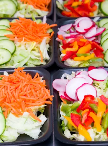 Preparación de alimentos con muchas verduras en contenedores.