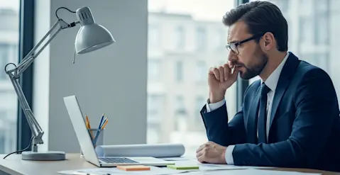 Business man sitting at desk with laptop thinking.
