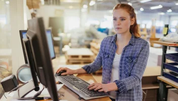 Young woman at computer in warehouse