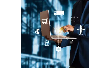 Man holding a laptop showing supply chain icons