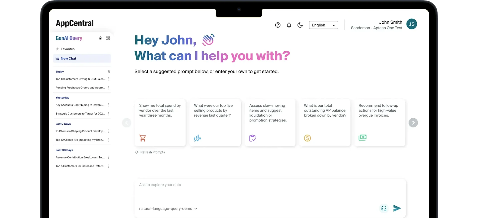 Aptean AppCentral interface with AI assistant and business solution cards