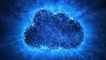 A glowing blue visualization of the cloud and SaaS technology.