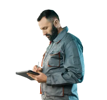 Man in safety jacket holding tablet