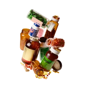 A pile of vitamin bottles