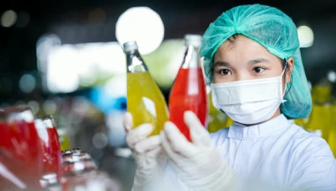 A bottling plant worker inspects two bottled drinks.