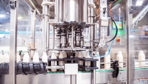 Containers of milk move down the line at a bottling facility.