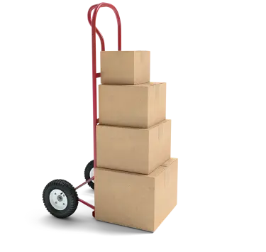 A handtruck holding four boxes stacked on top of each other.