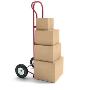 A handtruck holding four boxes stacked on top of each other.