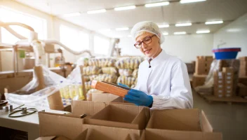 A food facility worker reviews products received.