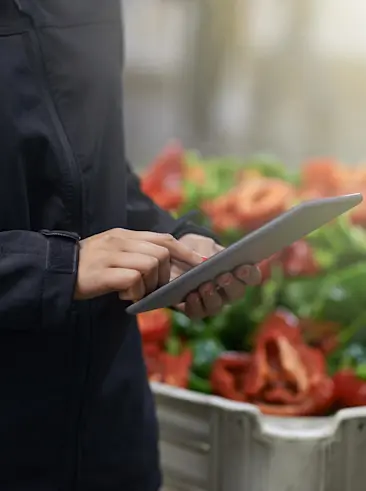 Food factory worker with tablet and crate of sliced peppers in background.