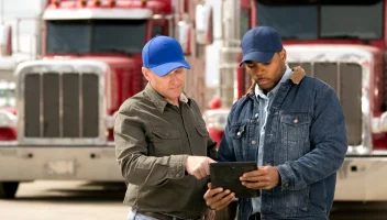 Two logistics professionals reviewing tablet