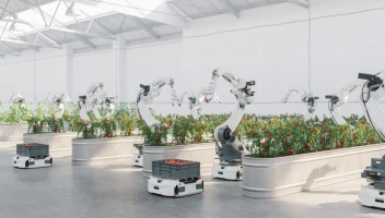 Robots tend to tomato plants in a greenhouse.