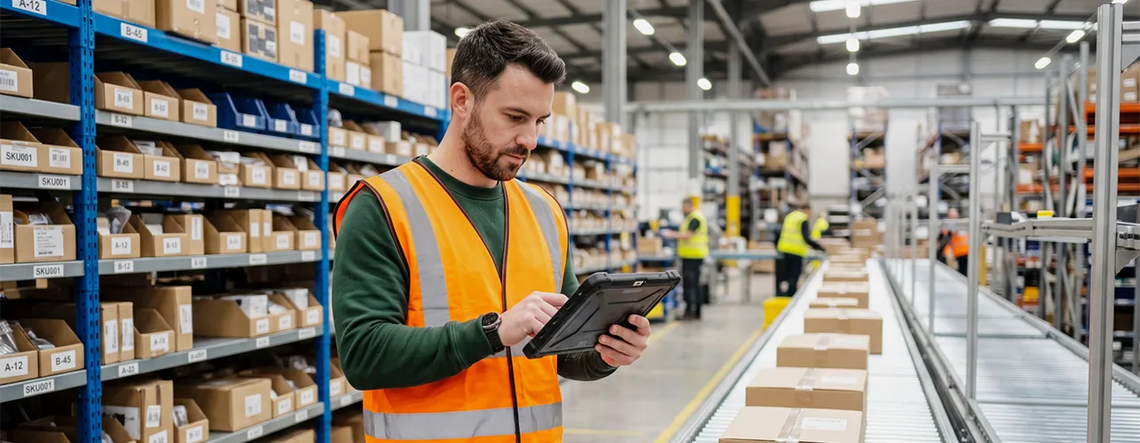 Man looking at tablet next to conveyor belt with packages.
