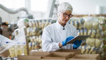 worker in food warehouse with tablet