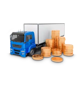 Blue and white Mack truck pictured next to a stack of coins